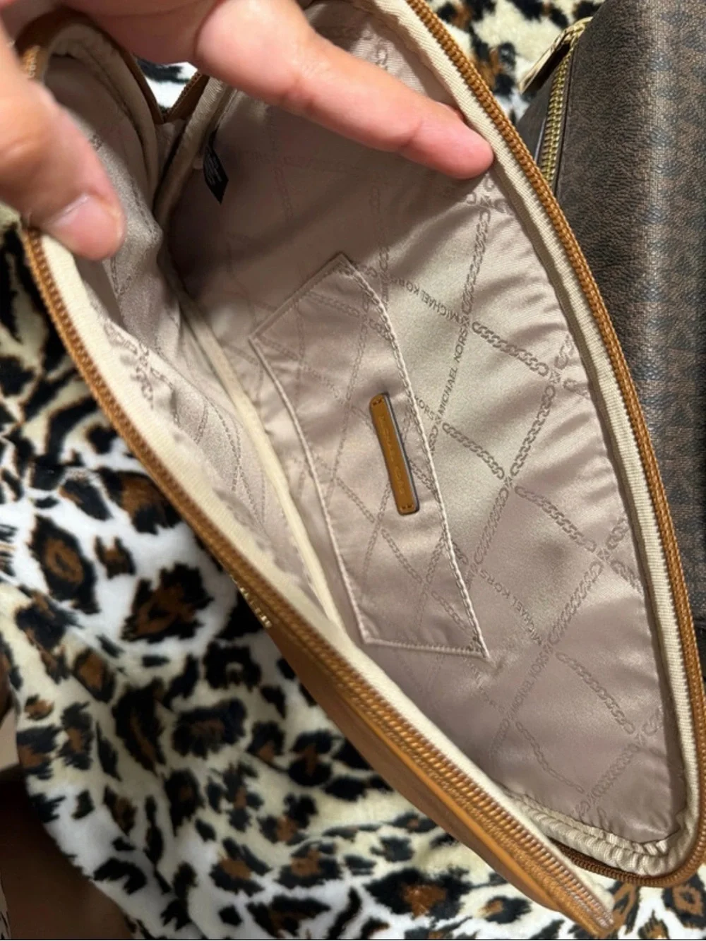 Michael Kors Brown Monogram Backpack with Tan Trim and Gold Hardware
